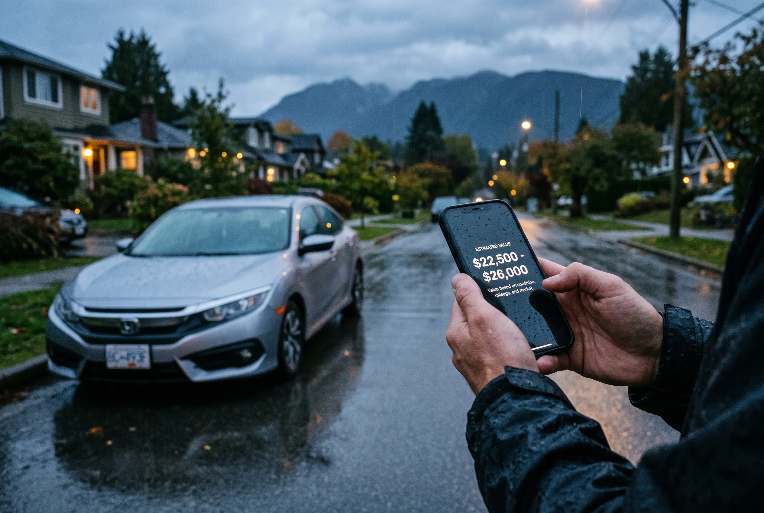 Phone showing a market value estimate for a Civic on a wet Vancouver street