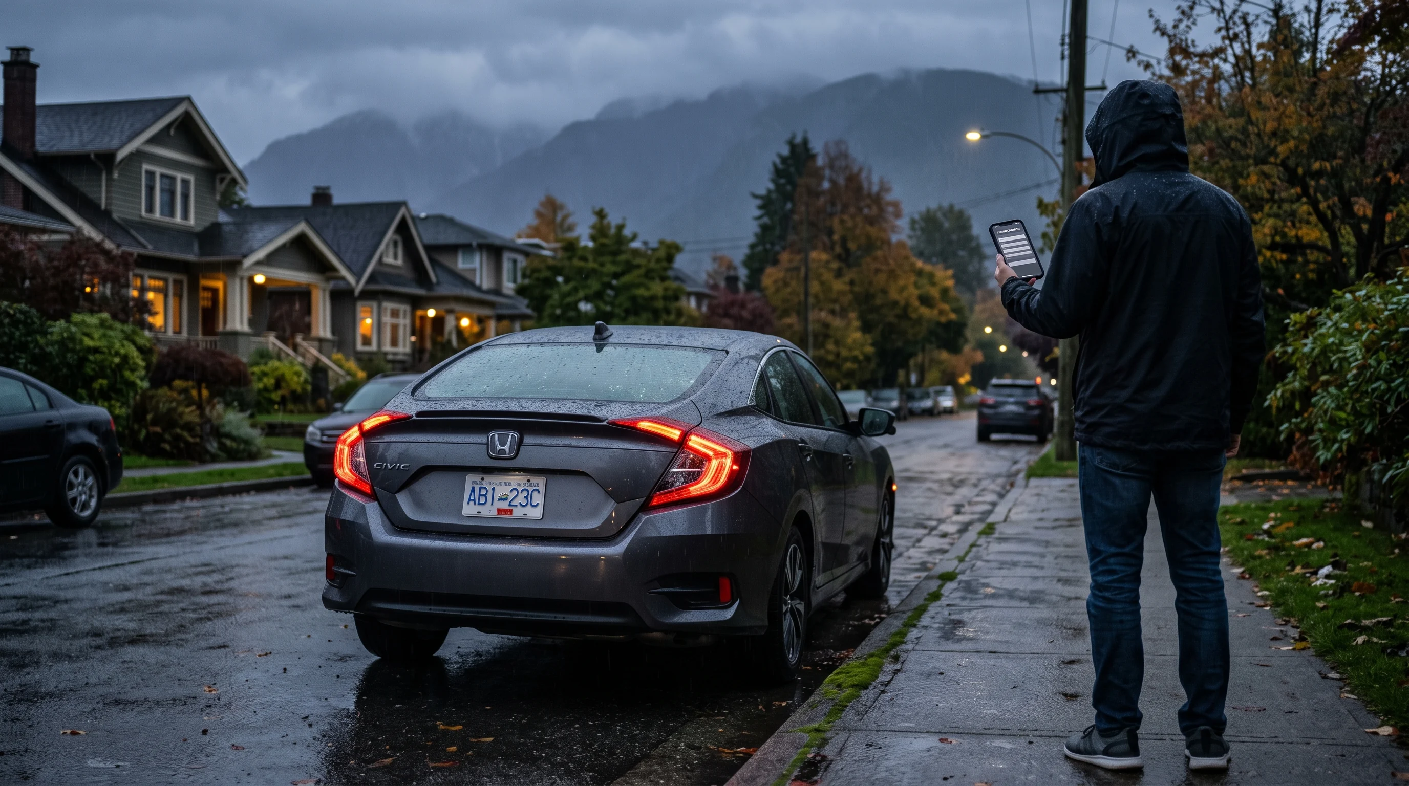 BC vehicle on a rainy mountain highway for a free car value estimator tool